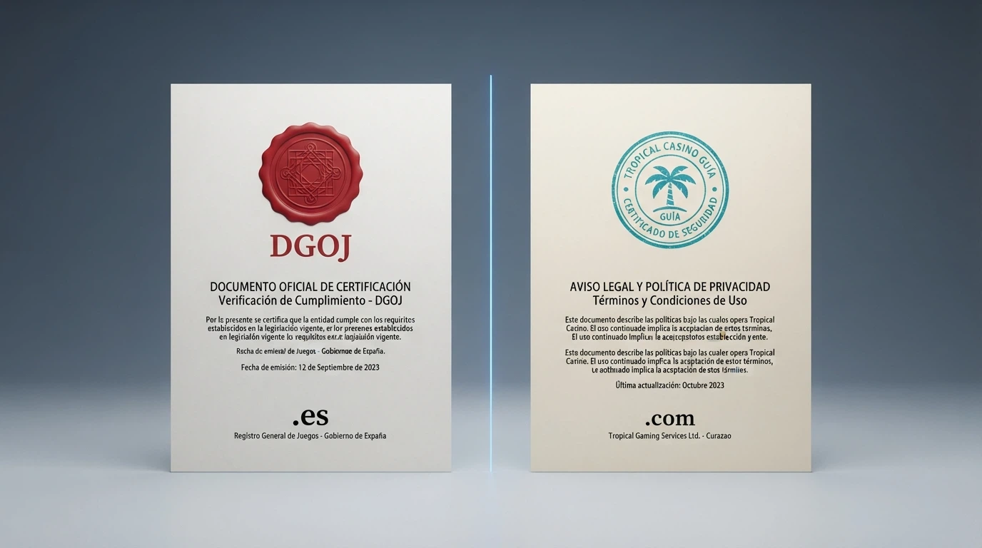 Dos documentos de licencia contrapuestos: uno con el escudo de la DGOJ y dominio .es, el otro con un sello de Curaçao y dominio .com, separados por una línea divisoria