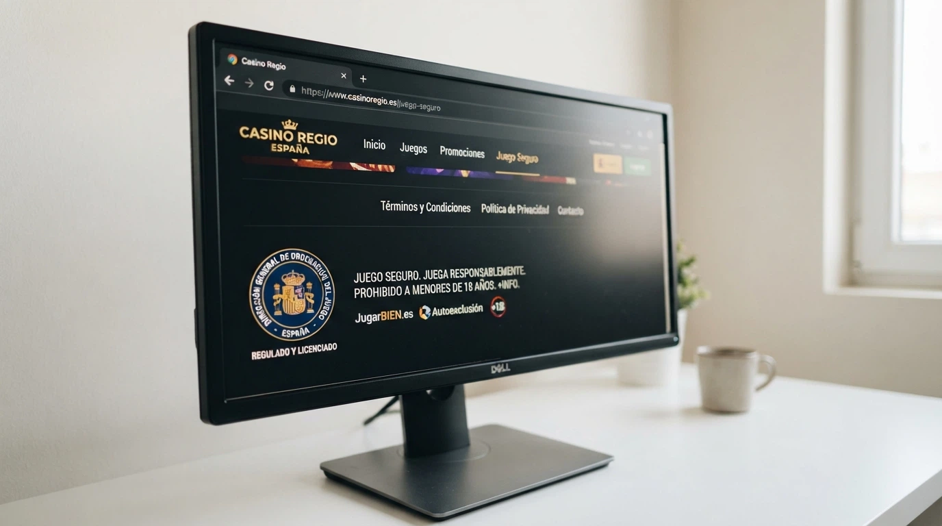 Primer plano del sello del regulador en el pie de un sitio web con dominio .es junto a la barra de direcciones del navegador mostrando la URL