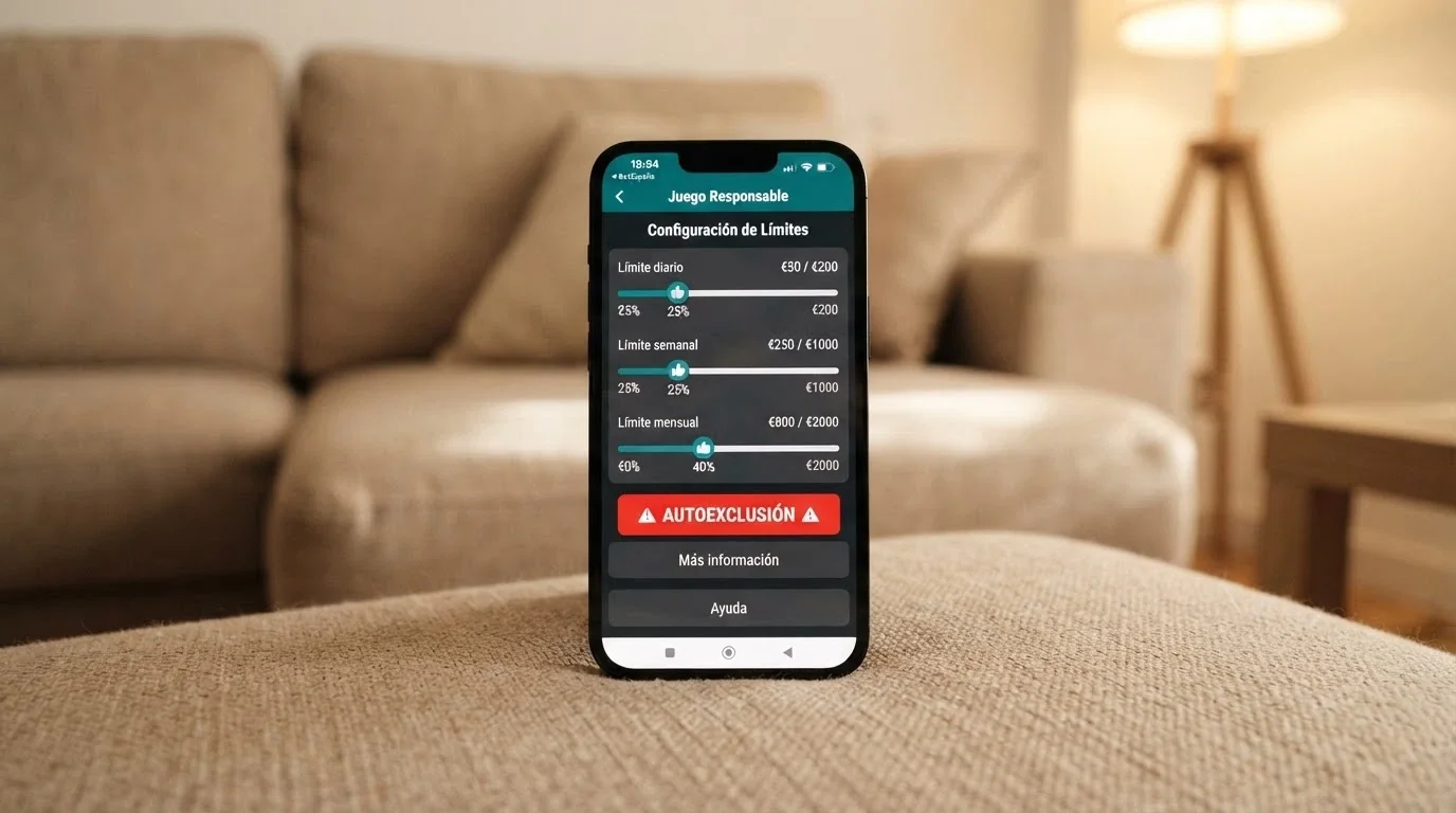 La pantalla de configuración de juego responsable en la app de un casino, mostrando los controles deslizantes de límite diario, semanal y mensual y el botón de autoexclusión