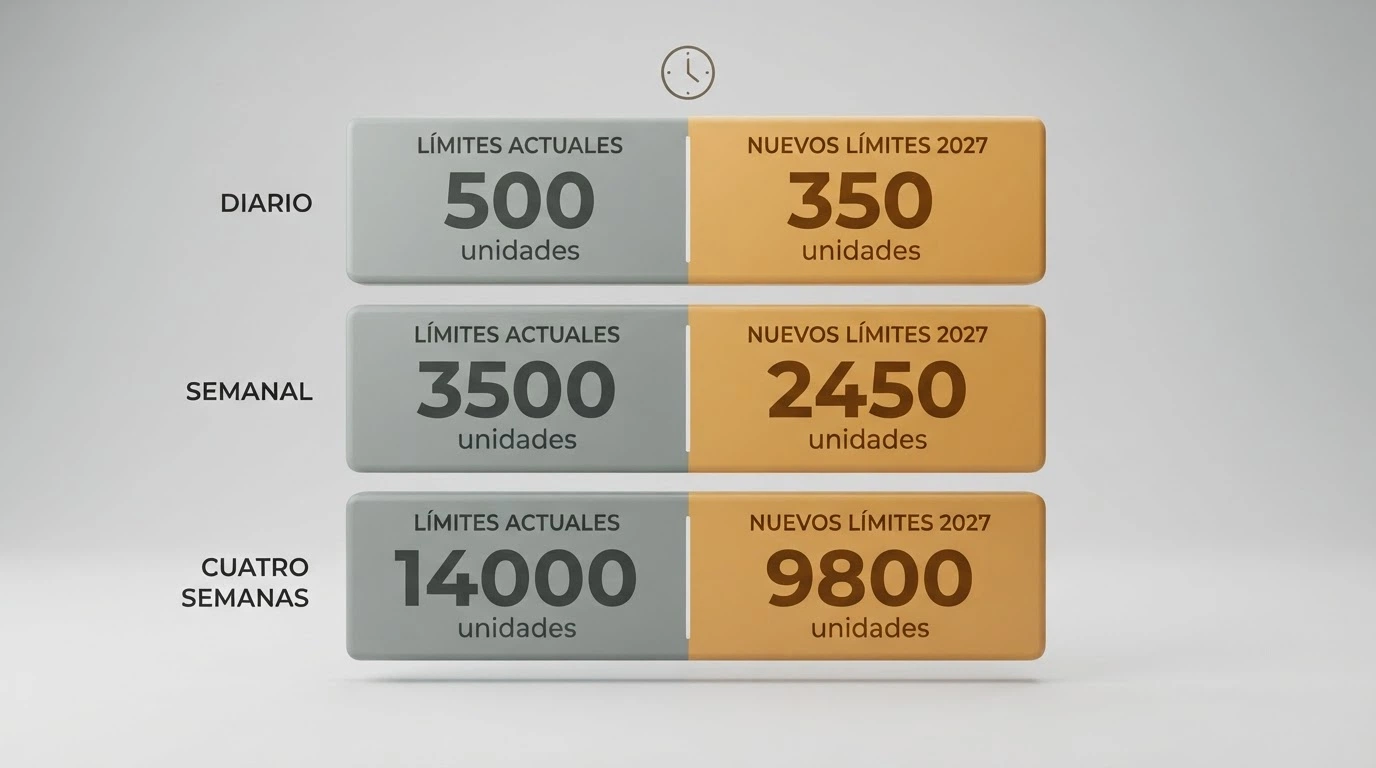 Infografía comparativa con tres columnas: límite diario 600 € vs 700 €, semanal 1.500 € vs 1.750 €, mensual 3.000 € vs 3.300 €