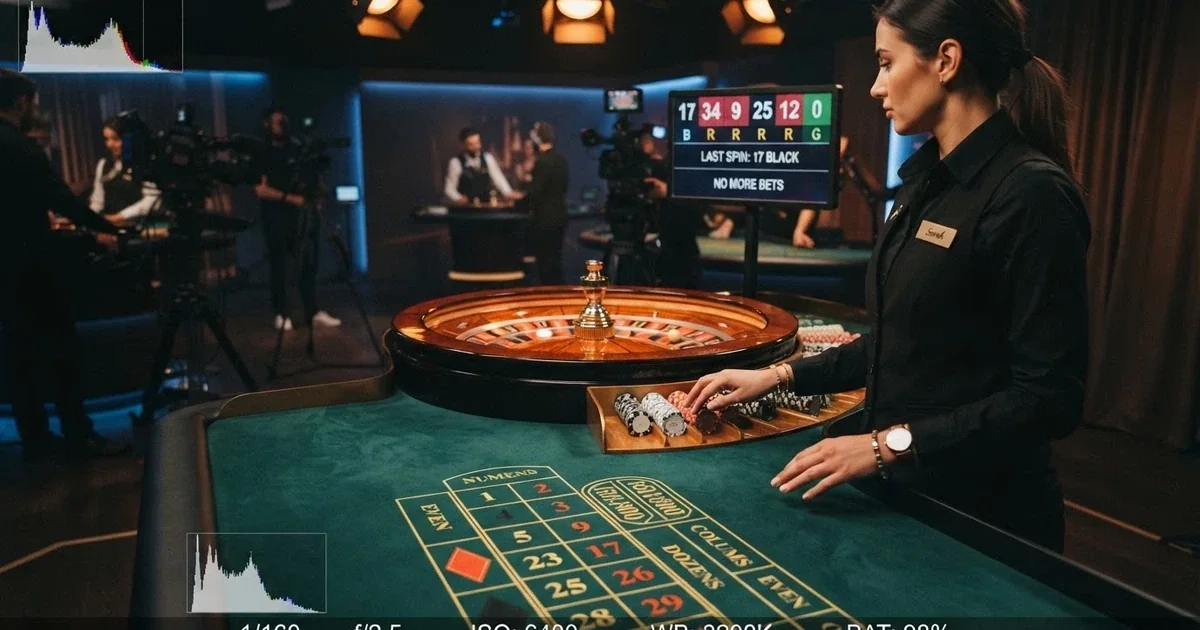 Crupier de Evolution Gaming en una mesa de ruleta en vivo con la interfaz de apuestas visible en pantalla y el logo de Evolution en el lateral