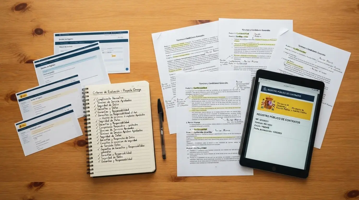 Documentos con licencias, capturas de términos y condiciones y una libreta con criterios de evaluación sobre una mesa, junto al logotipo de la DGOJ