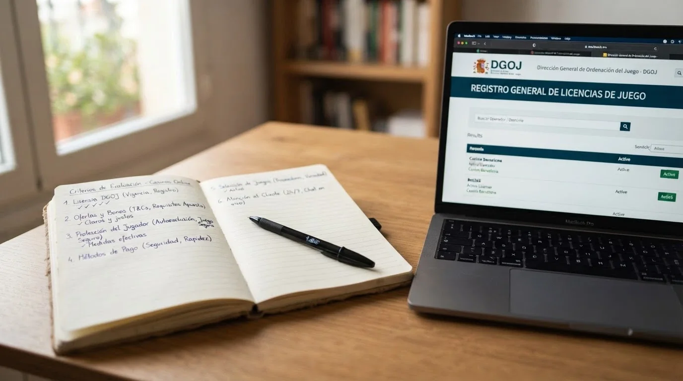 Una libreta de notas con anotaciones manuscritas sobre criterios de evaluación de casinos junto a una pantalla con el portal de la DGOJ abierto