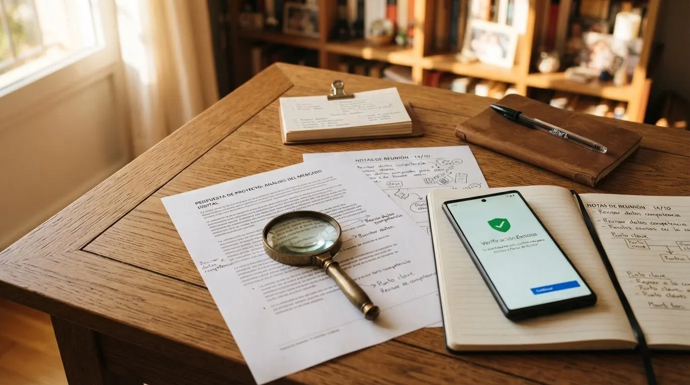 Una mesa con documentos, una lupa, un teléfono con la web de la DGOJ y notas manuscritas con criterios de evaluación, iluminado por luz natural