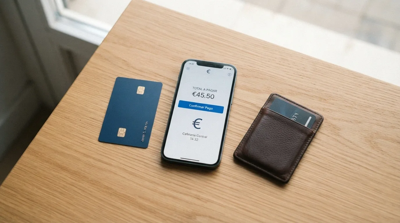 Un teléfono móvil mostrando la app de Bizum junto a una tarjeta bancaria y un monedero de PayPal sobre una mesa