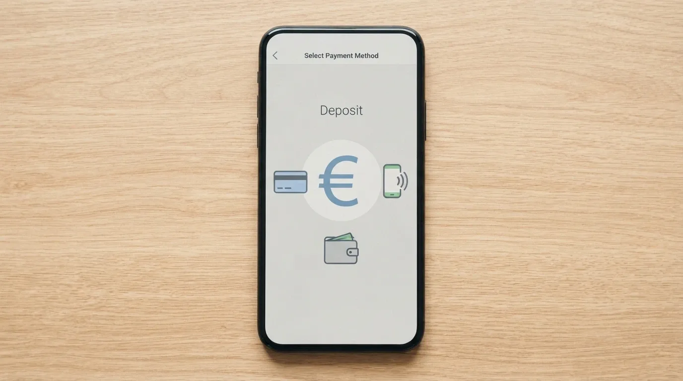Un teléfono móvil mostrando una pantalla de depósito en euros con los iconos de Bizum, tarjeta bancaria y monedero electrónico visibles