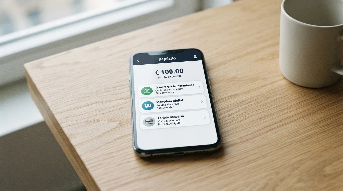 Smartphone mostrando la pantalla de depósito de un casino español con los iconos de Bizum, PayPal y tarjeta bancaria como opciones disponibles.