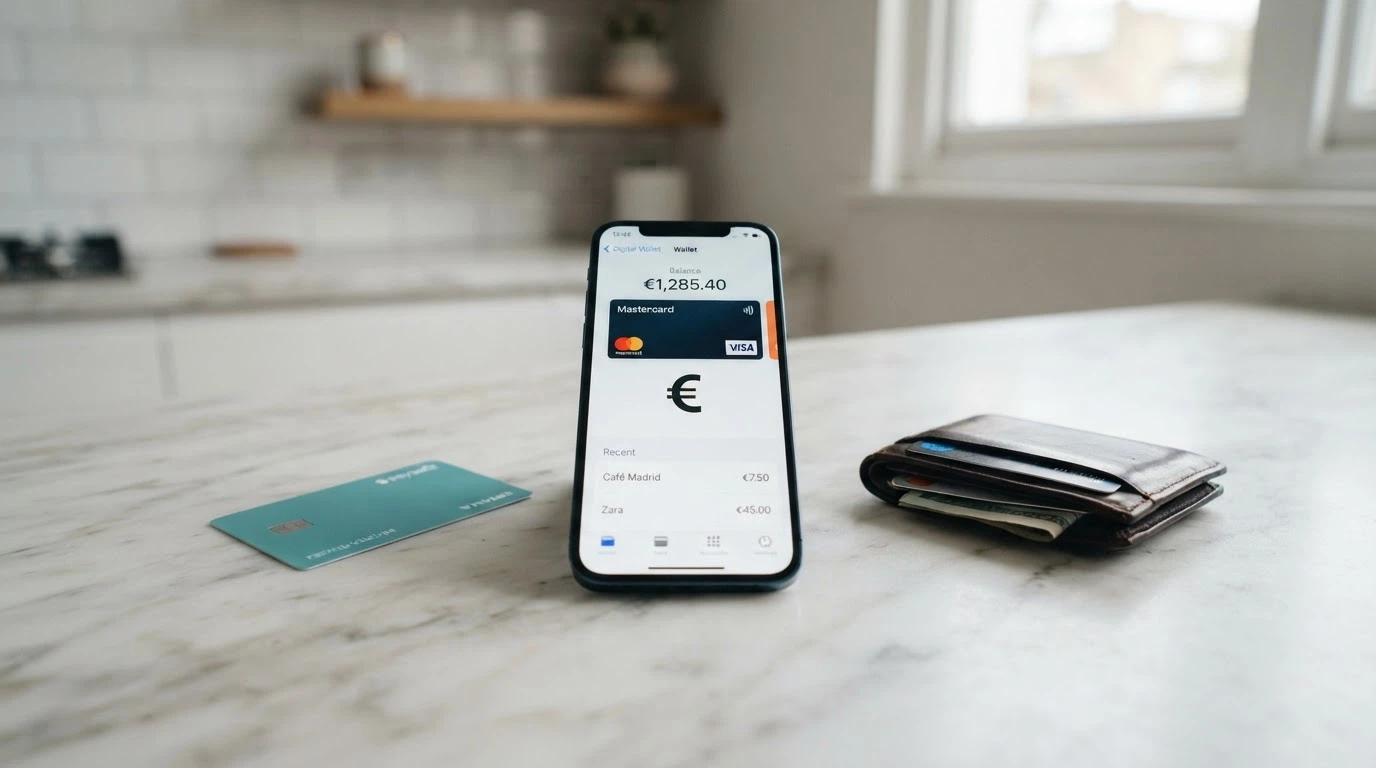 Un teléfono móvil mostrando una cartera digital junto a una tarjeta Paysafecard, billetes y un monedero de criptomonedas sobre una mesa