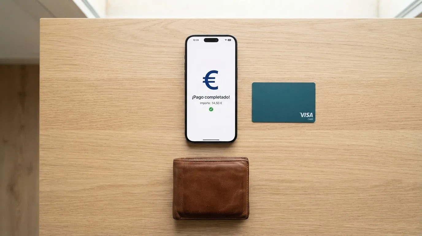 Un escritorio con un teléfono, una cartera y una tarjeta bancaria junto a los logos de Bizum, Visa, PayPal y transferencia bancaria sobre un fondo de color plano