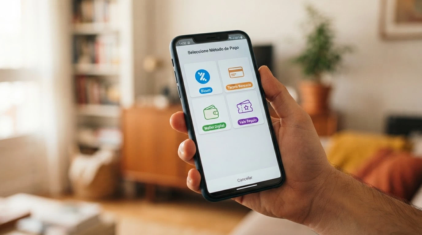 Mano sosteniendo un móvil con la pantalla de cajero de un casino online donde aparecen los iconos de Bizum, tarjeta bancaria, PayPal y Paysafecard como opciones de ingreso
