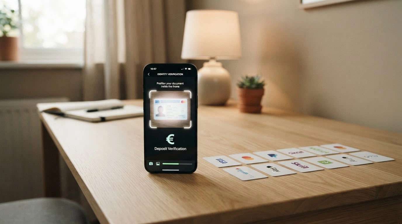 Un teléfono móvil mostrando la pantalla de verificación de identidad de Casino Barcelona junto a los iconos de los ocho métodos de pago aceptados: Visa, PayPal, Bizum, Skrill, Neteller, Paysafecard, Apple Pay y transferencia