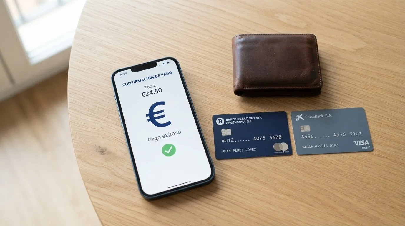 Teléfono móvil mostrando la app de Bizum junto a varias tarjetas bancarias y un monedero electrónico sobre una mesa