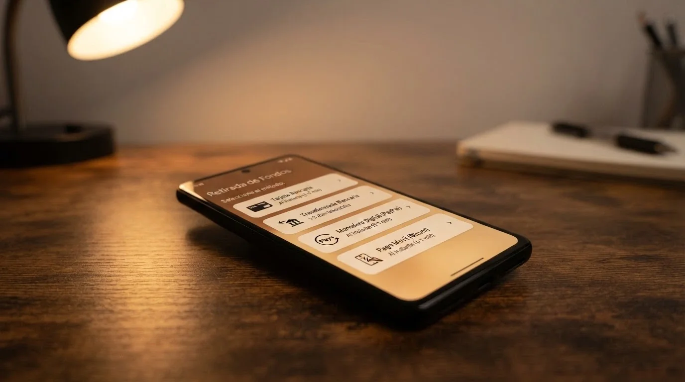 Un móvil con la pantalla de retirada de un casino mostrando los métodos disponibles: PayPal, transferencia, tarjeta y Skrill, cada uno con su plazo