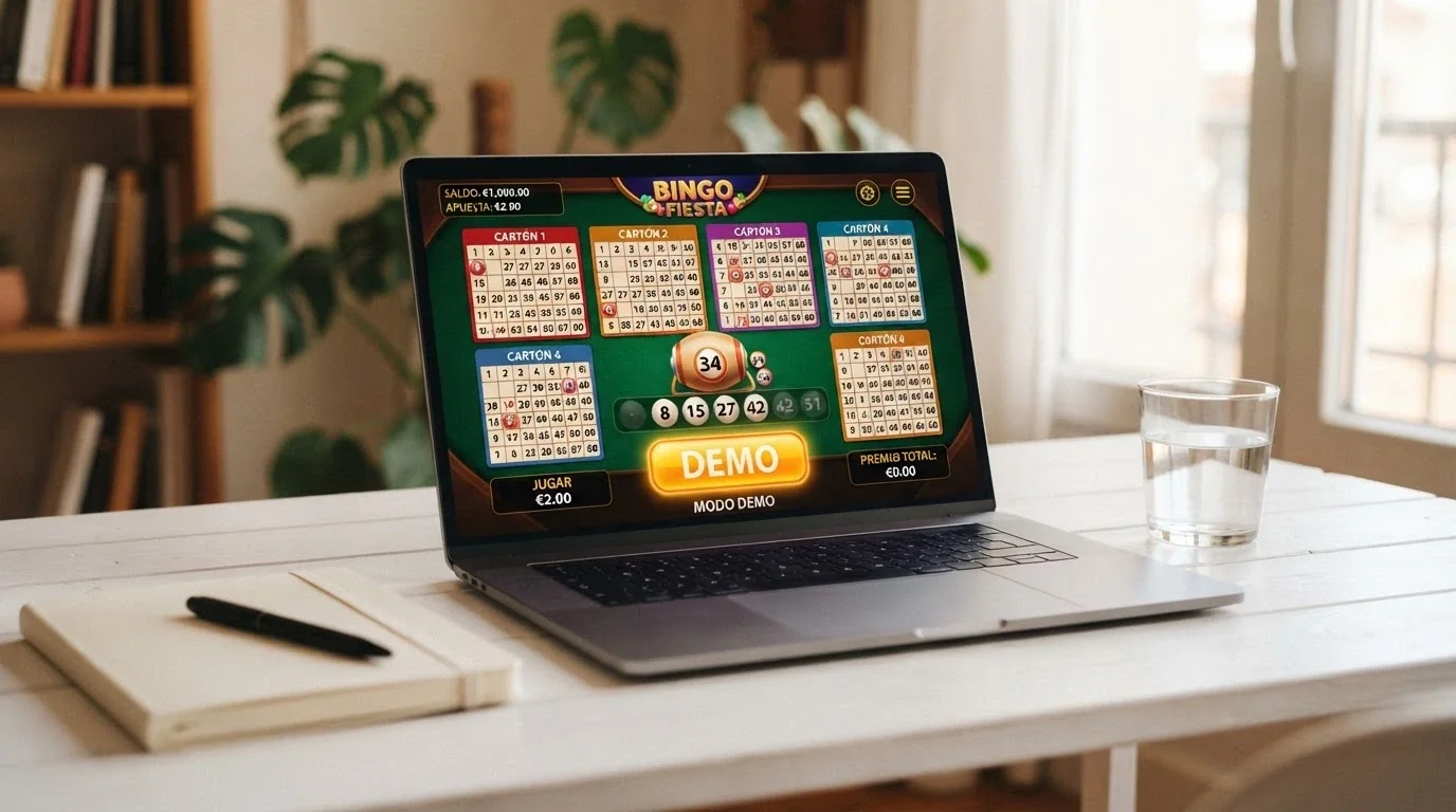 Interfaz de un juego de vídeo bingo en modo demo con el saldo ficticio de 1.000 € visible en la esquina, el botón «jugar gratis» o «demo» activado y varios cartones listos para una partida simulada