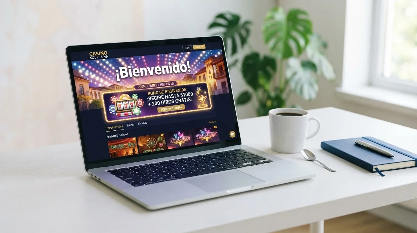 Interfaz moderna de un casino online de lanzamiento reciente en España con una promoción de registro destacada en la página principal