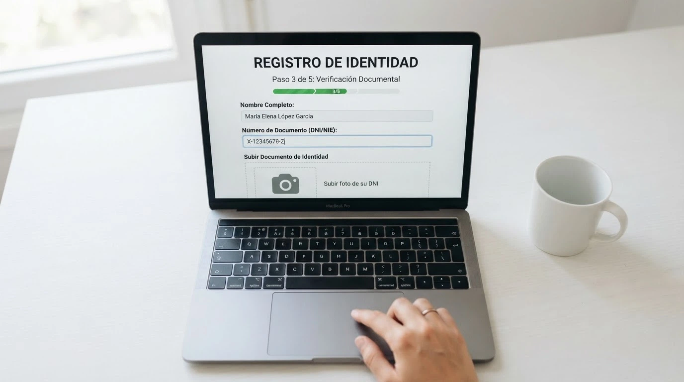 Pantalla de registro en un casino online español con el formulario de verificación de identidad (KYC) abierto
