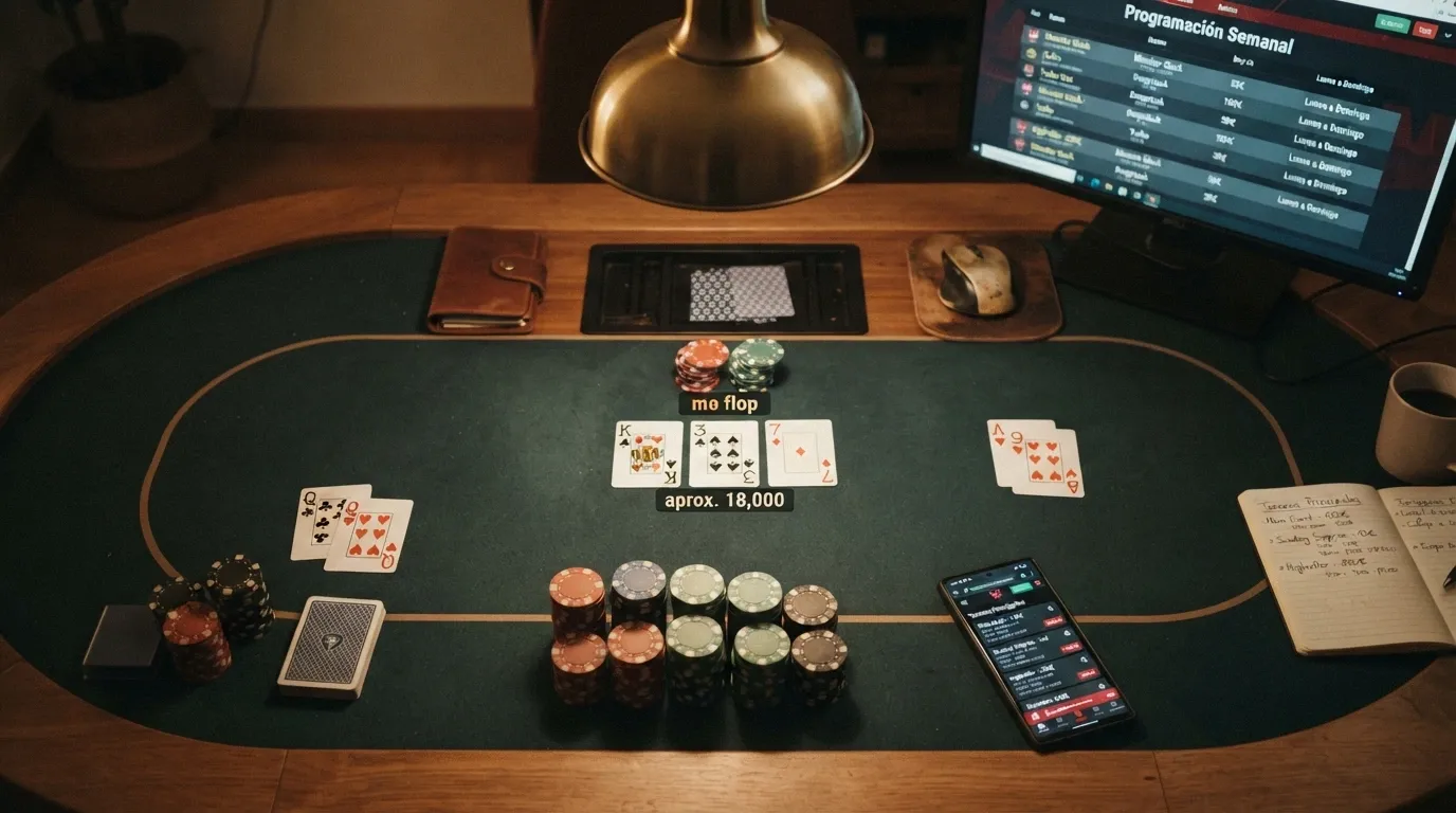 Una mesa de póker virtual con varias manos abiertas y el calendario de torneos semanales proyectado en una pantalla secundaria, con la app de póker de Casino Barcelona abierta en un móvil junto al monitor