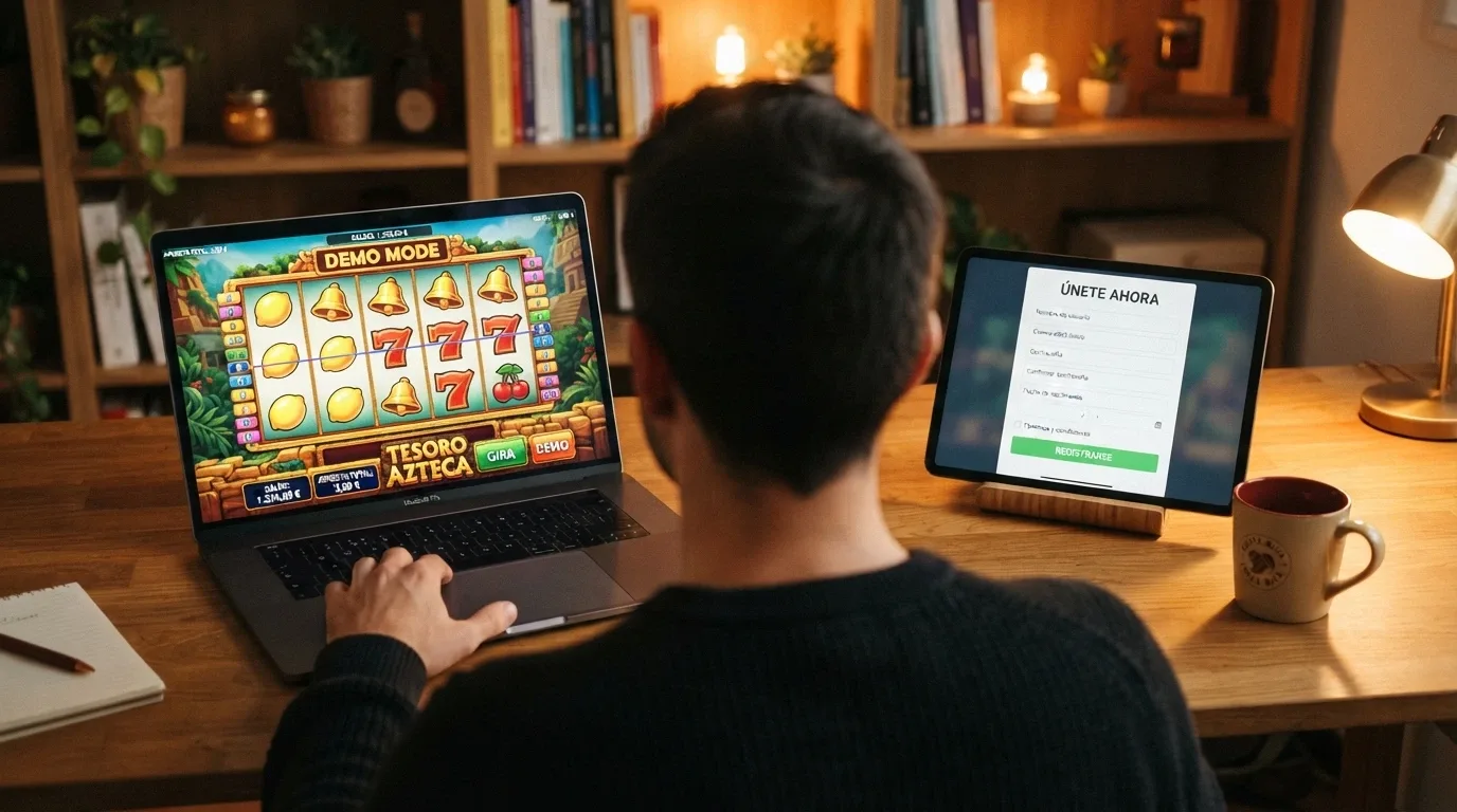 Un jugador frente a la pantalla con una tragaperras en modo demo a la izquierda y el formulario de registro verificado a la derecha — el momento de decidir entre seguir probando o dar el salto