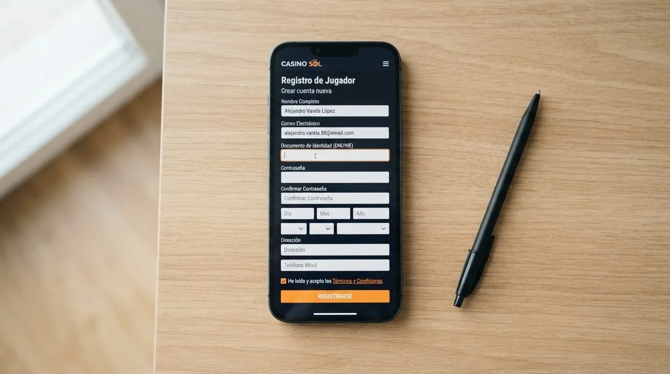 La pantalla de un teléfono mostrando un formulario de registro de casino con los campos de nombre, correo y documento de identidad a medio rellenar