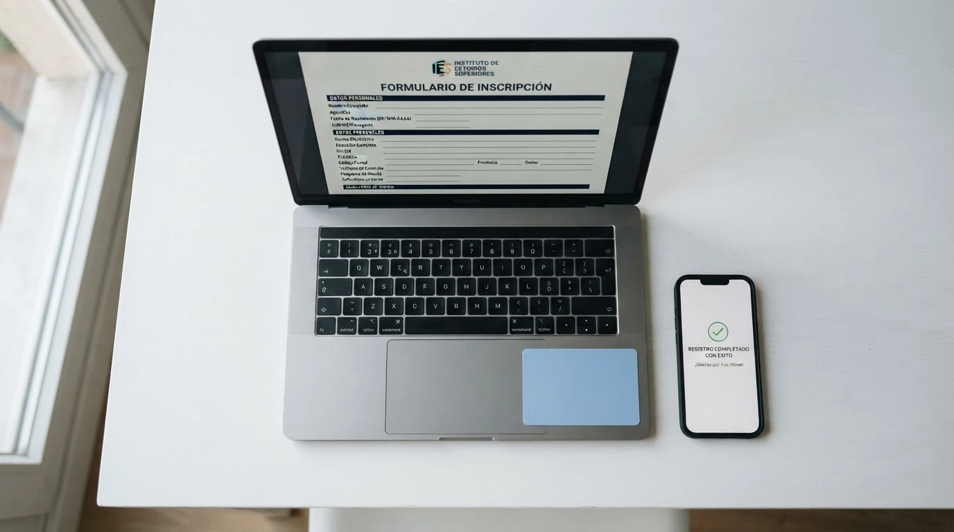 Formulario de registro en un casino online español con campos de datos personales y un documento de identidad junto al teclado