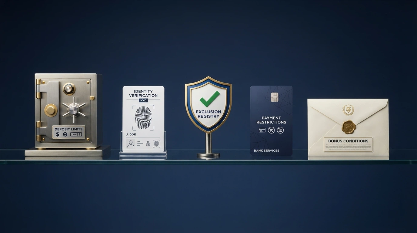 Esquema visual con los cinco tipos de restricciones que aplica la DGOJ: depósito, verificación, RGIAJ, métodos de pago y bonus