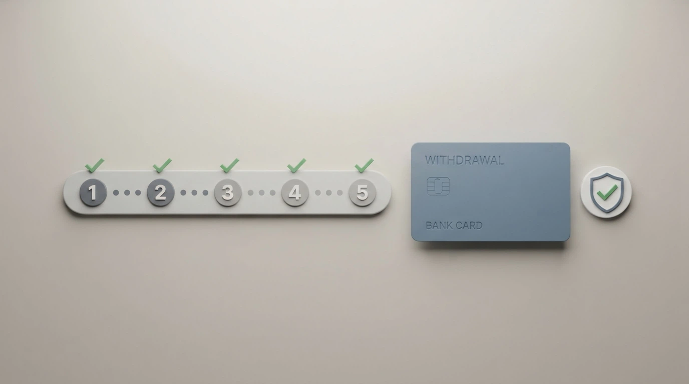 Un calendario con los días 1 a 5 marcados junto al icono de una tarjeta bancaria y el símbolo de verificación KYC