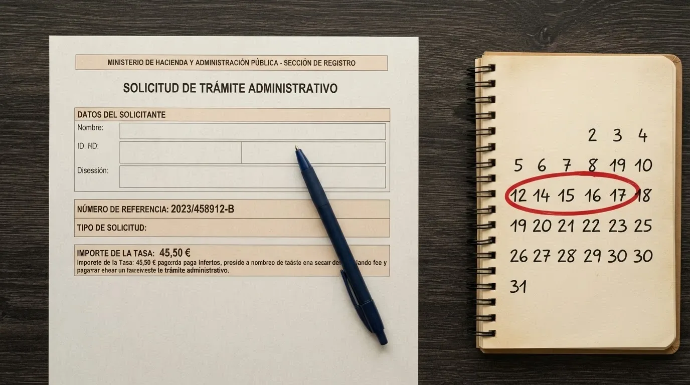 Documento administrativo del Modelo 030 con la tasa 5080 de la Comunidad de Madrid junto a un calendario que marca 15-30 días