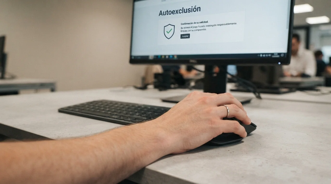 Una mano sobre el ratón de un ordenador junto a un teclado, con la pantalla mostrando un formulario de autoexclusión simplificado y un icono de escudo con un check