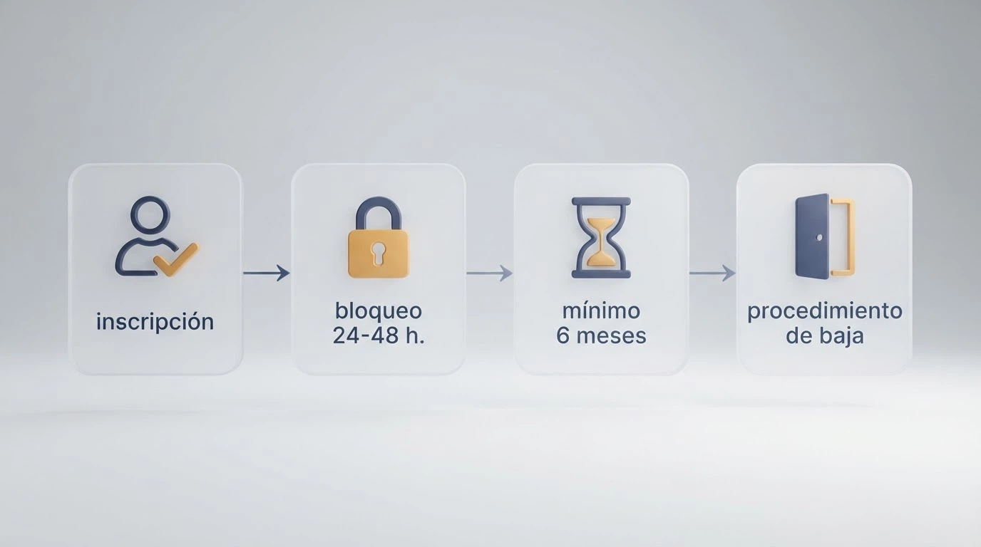 Esquema visual del flujo del RGIAJ: inscripción, bloqueo en 24-48 horas, período mínimo de 6 meses y procedimiento de baja