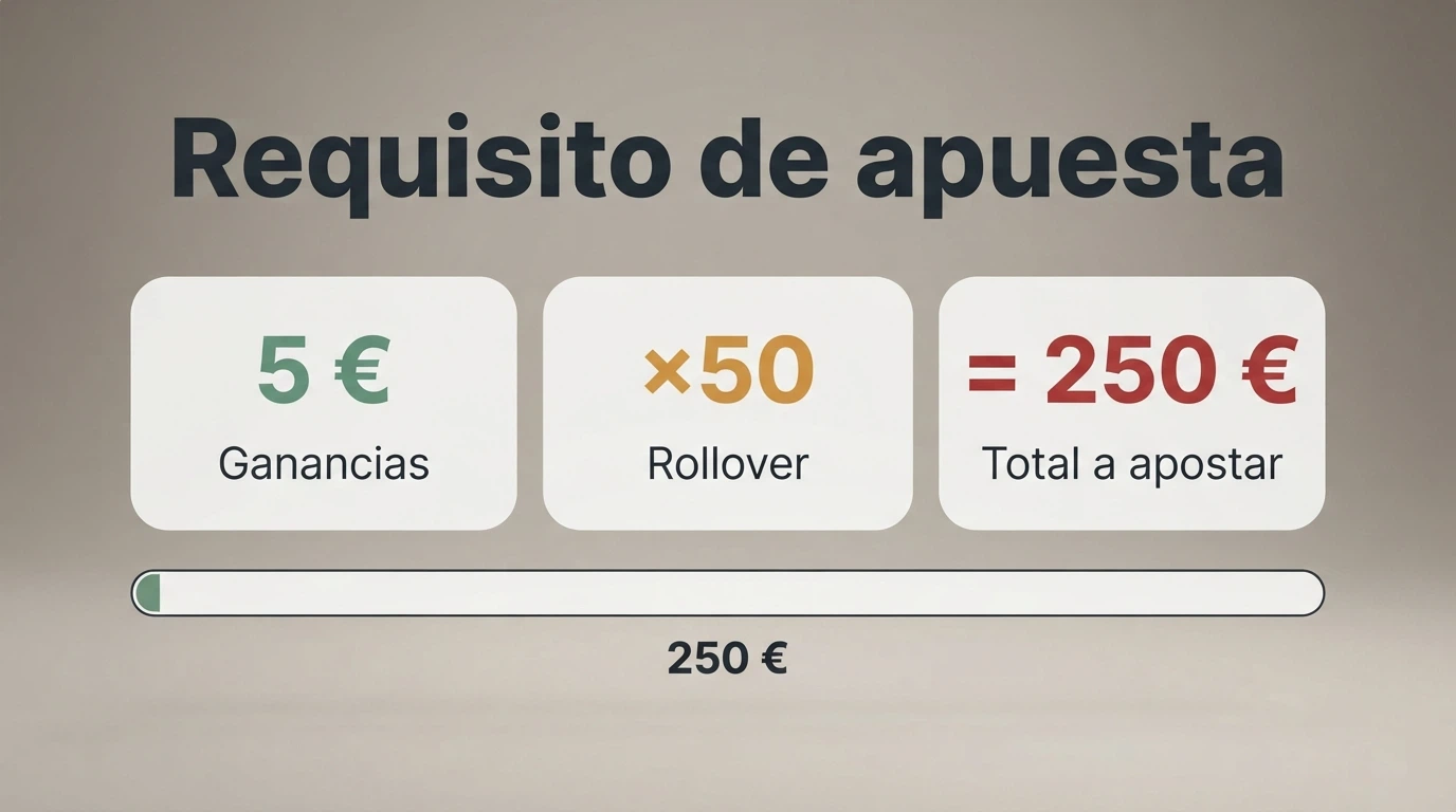 Infografía con un ejemplo de cálculo del requisito de apuesta: ganancias × multiplicador = total a apostar