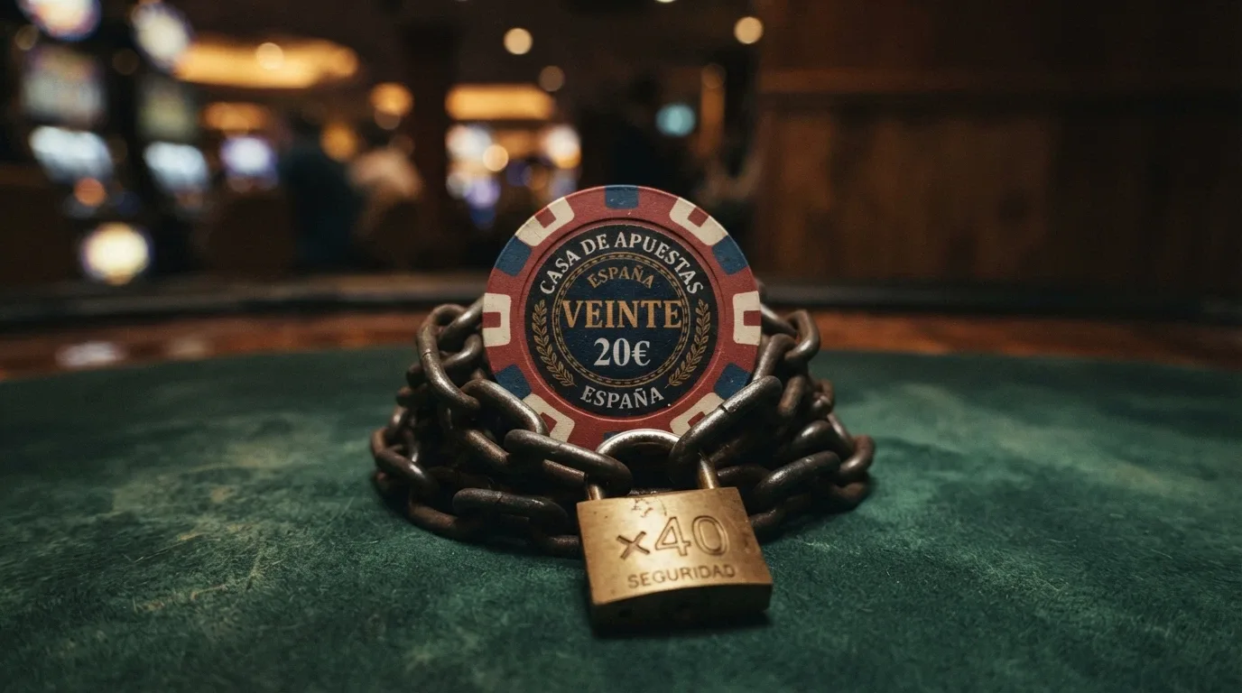 Una ficha de casino envuelta en una cadena con un candado y el número ×40 grabado