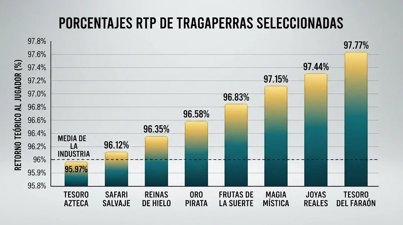 Comparativa visual de varias tragaperras BTG con sus porcentajes de RTP y barras de volatilidad en formato infografía