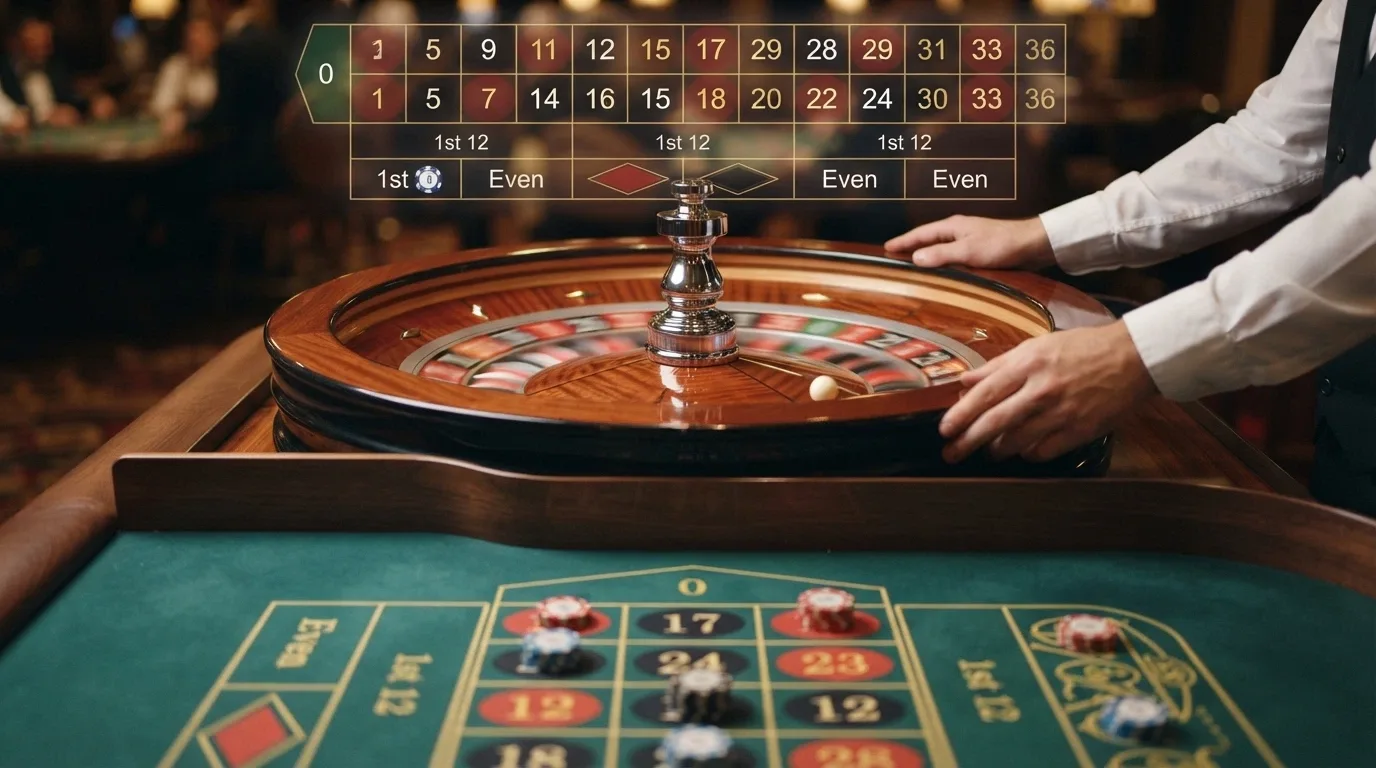 Mesa de ruleta en vivo con el crupier lanzando la bola, primer plano del cilindro girando y la interfaz de apuestas con los números y colores visibles.