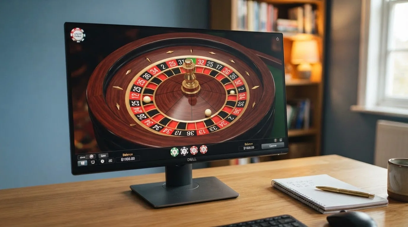 Mesa de ruleta europea con un solo cero en una pantalla de ordenador, la bola a punto de detenerse, ficha de demo visible