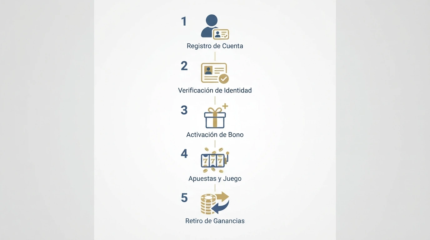 Infografía con los pasos del proceso: registro, verificación KYC con DNI, activación del bono, cumplimiento del rollover y solicitud de retiro en un casino con licencia DGOJ