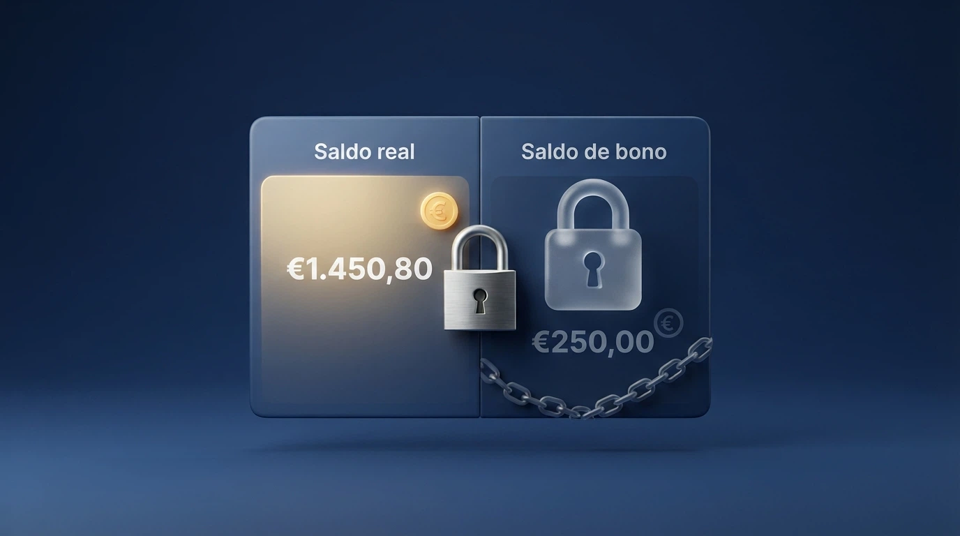 Un monedero virtual dividido en dos columnas: saldo real y saldo de bono, con un candado sobre la segunda