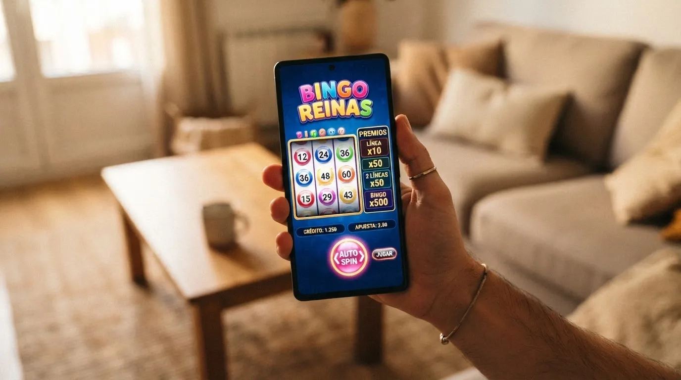 Pantalla de una tragamonedas con temática de bingo donde los rodillos muestran bolas numeradas de colores, una tabla de premios lateral con multiplicadores y el botón de tirada automática visible