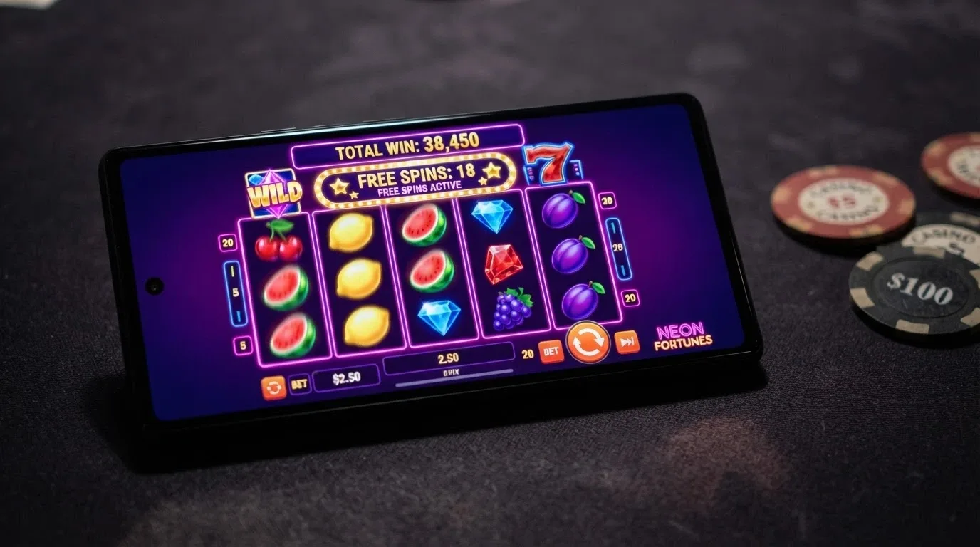 Pantalla de una tragaperras online con giros gratis activados y el contador de ganancias visibles durante una sesión de juego