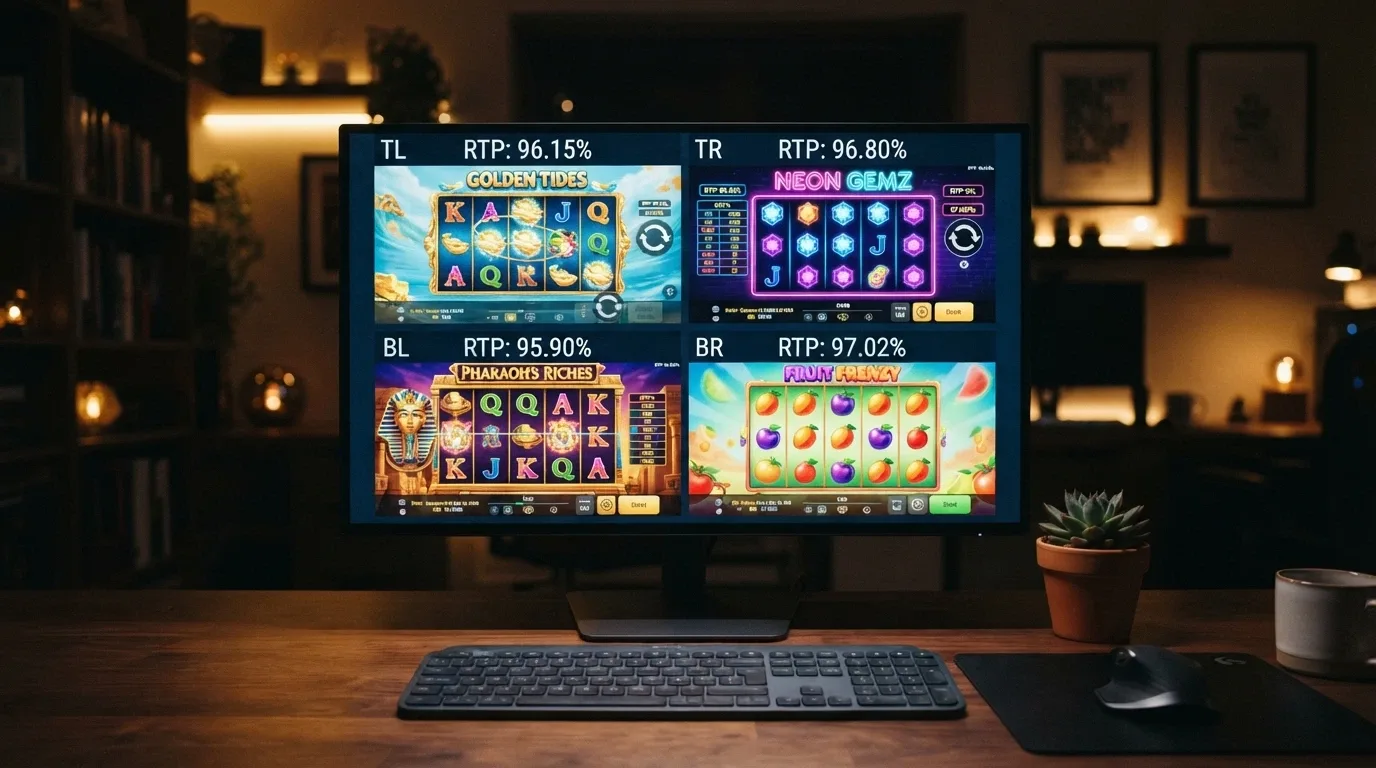 Una cuadrícula con varias tragamonedas populares — Gates of Olympus, Book of Dead, Starburst y Mega Moolah — cada una con su porcentaje de RTP flotando sobre la pantalla