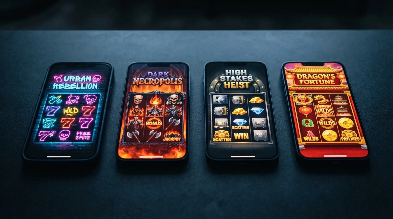 Composición visual con las carátulas de varios slots de Hacksaw Gaming alineadas: Chaos Crew 2, SixSixSix, Le Bandit y Tai The Toad