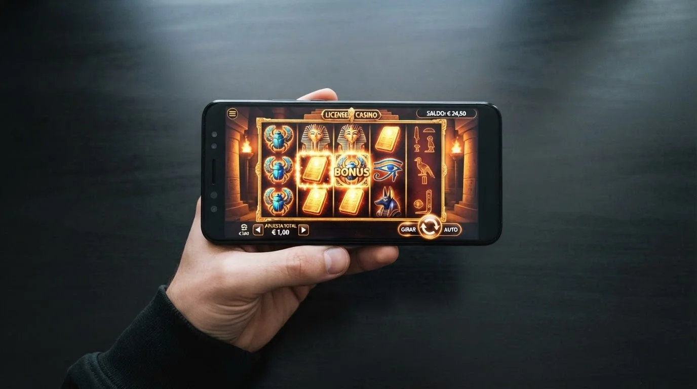 Captura de pantalla de un teléfono móvil mostrando la interfaz de un slot online popular (Book of Dead) con el saldo en euros visible