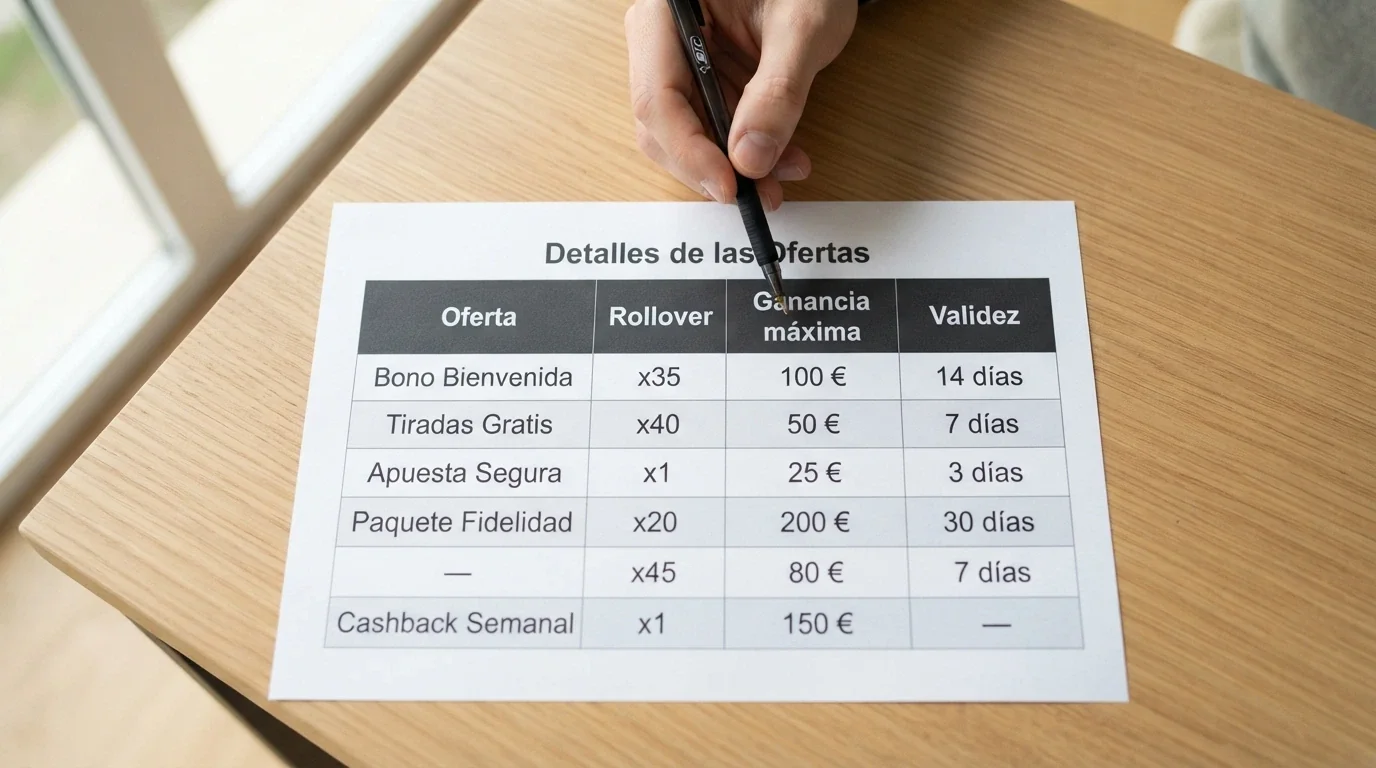 Captura parcial de una tabla con filas de operadores y columnas de oferta, rollover, ganancia máxima y validez