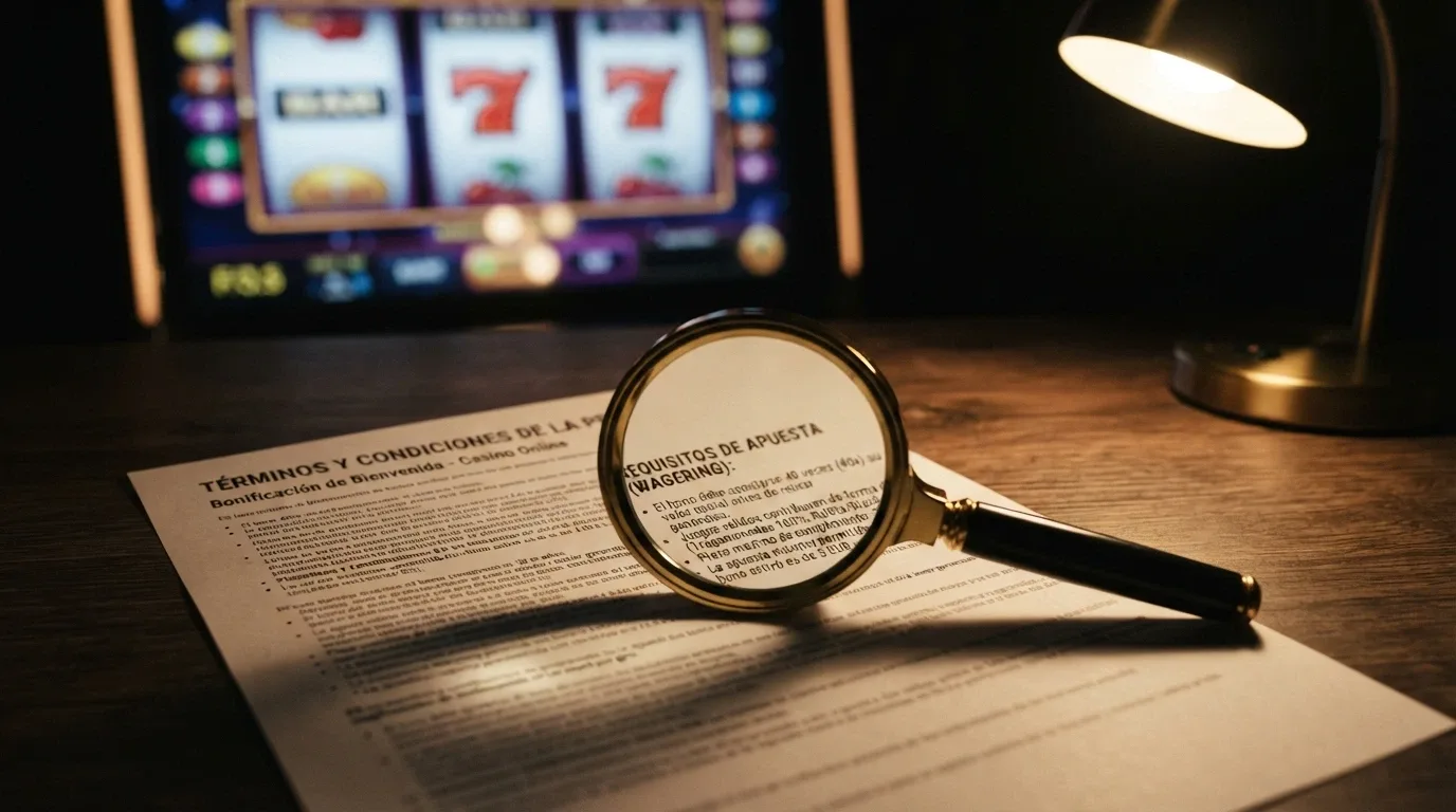 Primer plano de los términos y condiciones de un bono de casino sobre un fondo de pantalla con slots, con una lupa sobre la sección de requisitos de apuesta