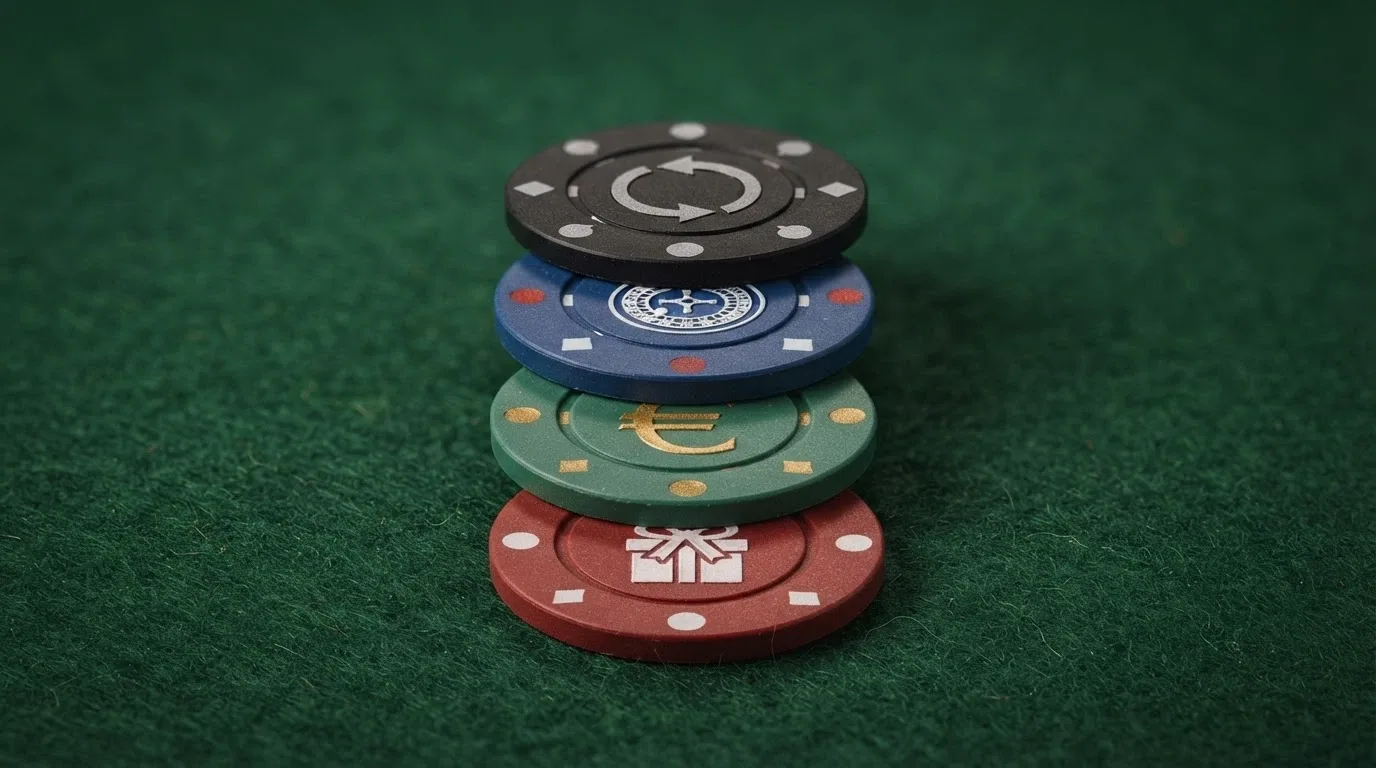 Cuatro fichas de casino apiladas, cada una con un icono distinto: un regalo (bienvenida), un símbolo de euro tachado (sin depósito), una ruleta (giros gratis) y un calendario (recurrentes)