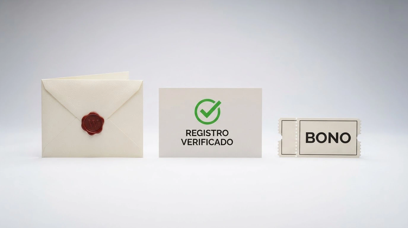 Tres elementos alineados representando tipos de bono: un sobre de bienvenida, un icono de formulario de registro con marca de verificación y una etiqueta de código promocional