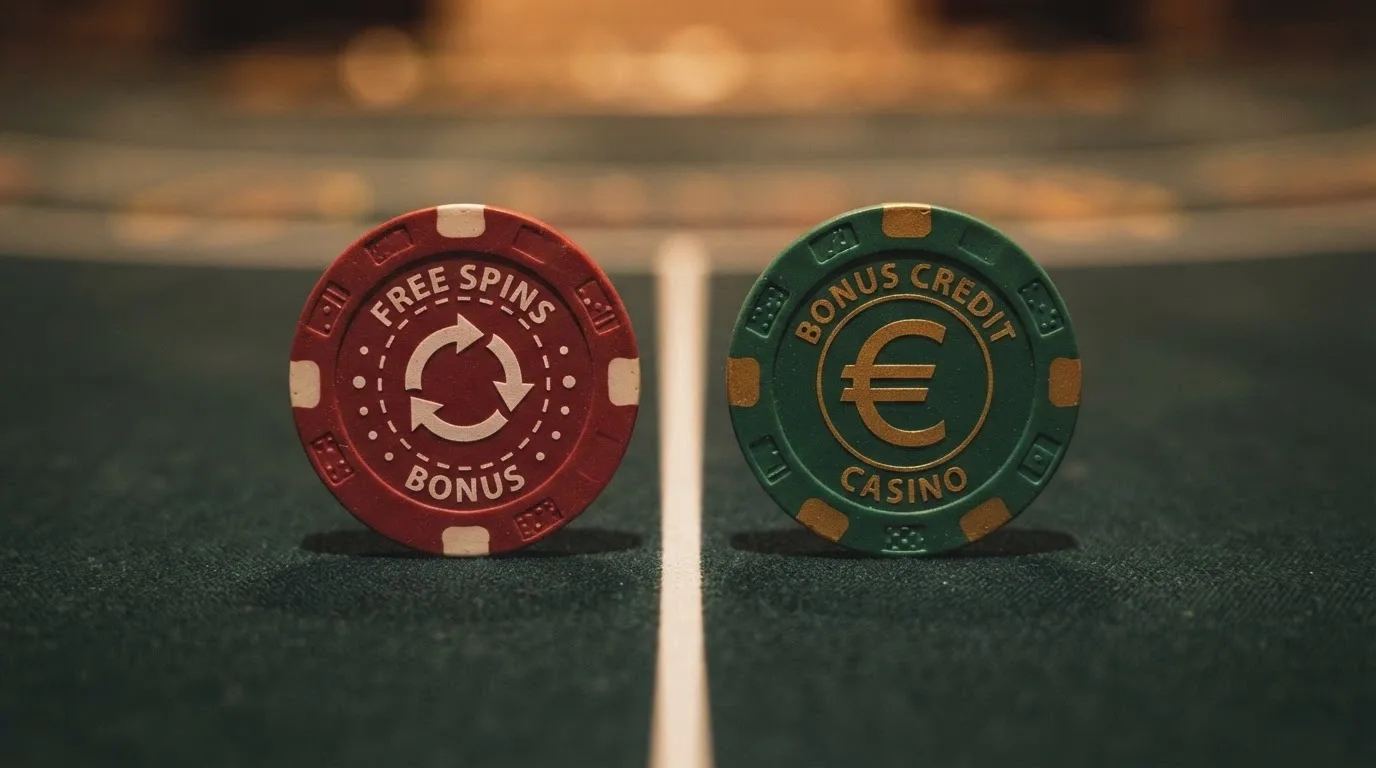 Dos fichas de casino una junto a la otra: la izquierda muestra un símbolo de giros gratis, la derecha un billete de 10 euros