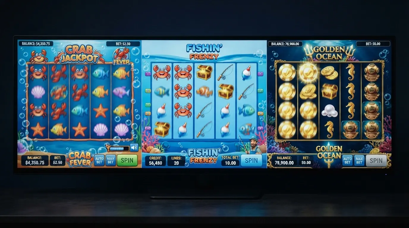 Una pantalla partida con tres slots de temática marina: cangrejos, burbujas y cofres del tesoro girando simultáneamente