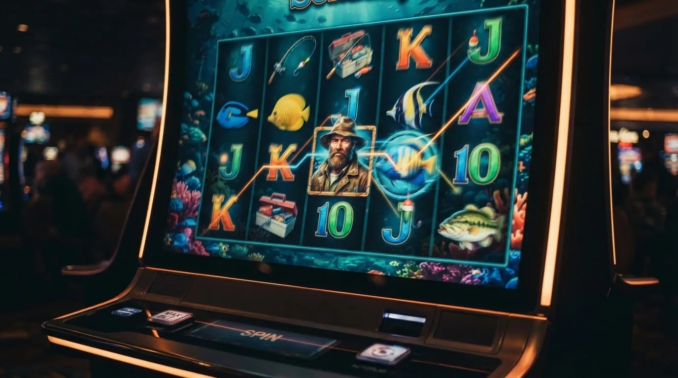 Pantalla del slot Big Bass Bonanza de Pragmatic Play con los carretes girando y el pescador en primer plano