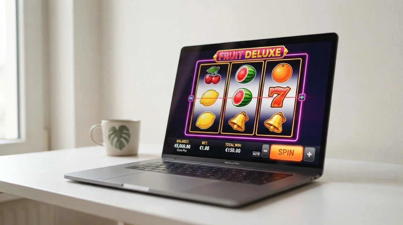 Pantalla de una slot clásica de tres rodillos con frutas, campanas y sietes, interfaz de modo demo visible, resolución nítida