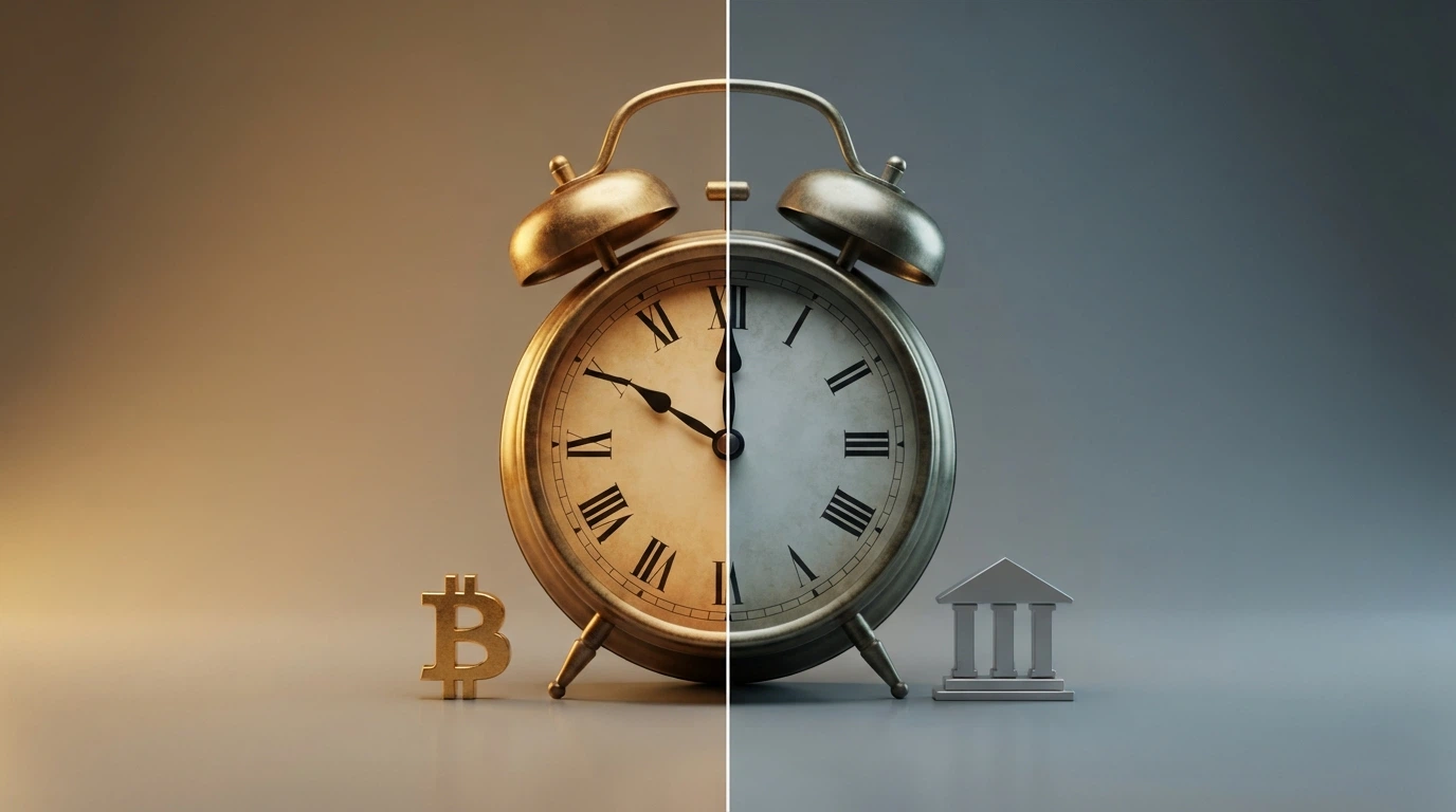 Un reloj partido en dos: a la izquierda, el símbolo de Bitcoin junto a «10-15 min»; a la derecha, un icono bancario junto a «24-48 h»